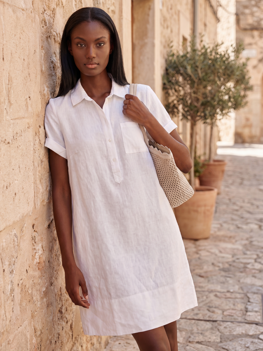 HAZEL Women's Short-Sleeve Linen Relaxed Popover Shirtdress with Pockets