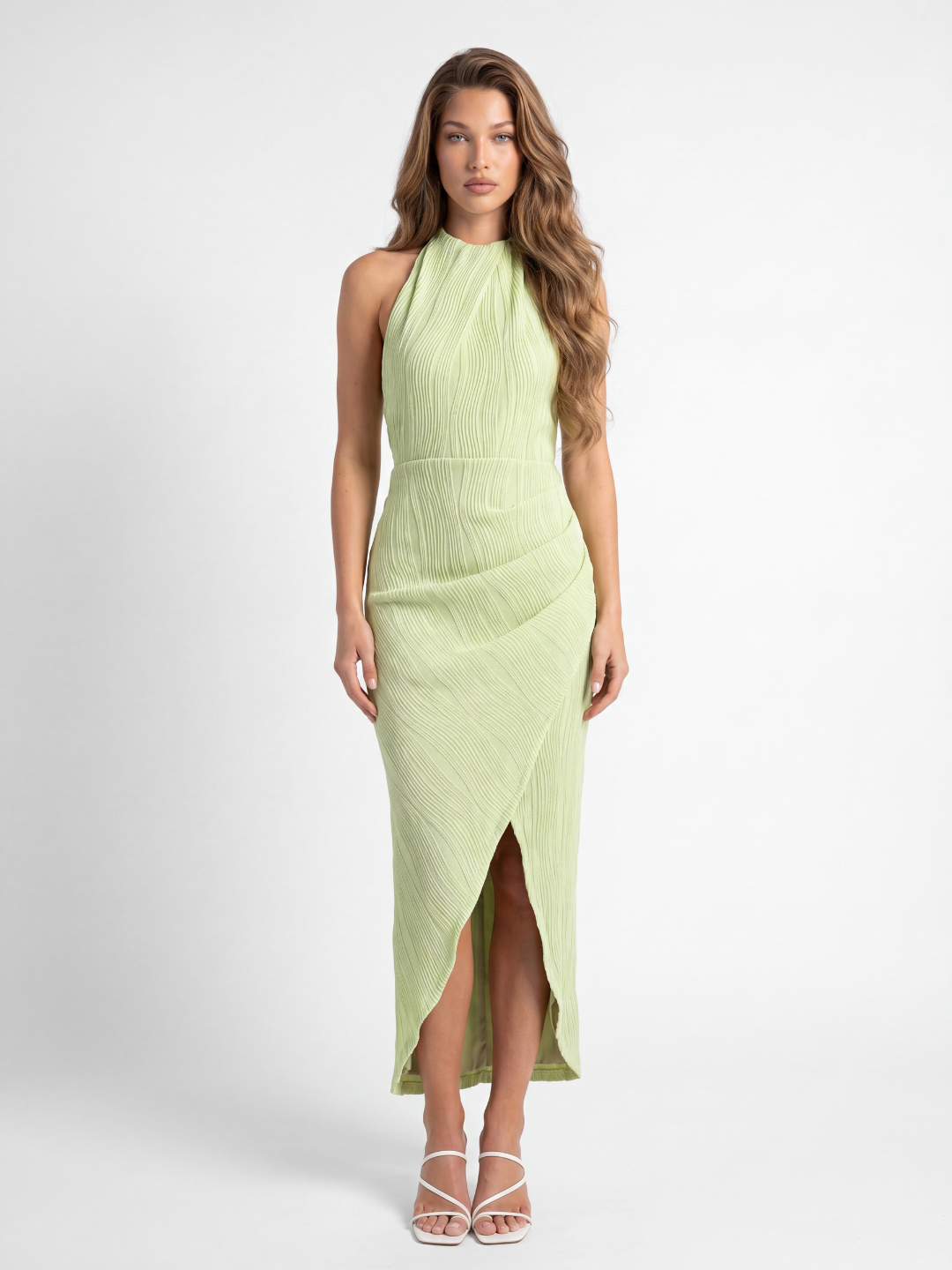 LIVIA Women's High-Neck Pleated Asymmetric Wrap Maxi Dress
