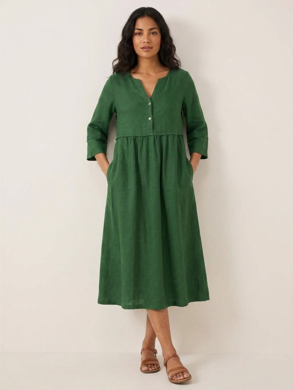 OLIVIA Women's Linen Gathered Midi Dress with Three-Quarter Sleeves