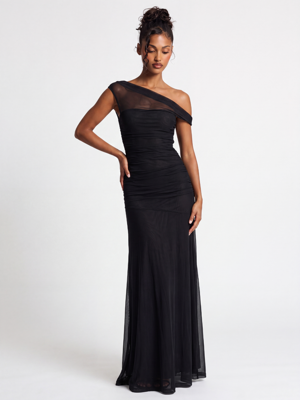 AIKO Women's Asymmetric Off-Shoulder Ruched Mesh Maxi Gown