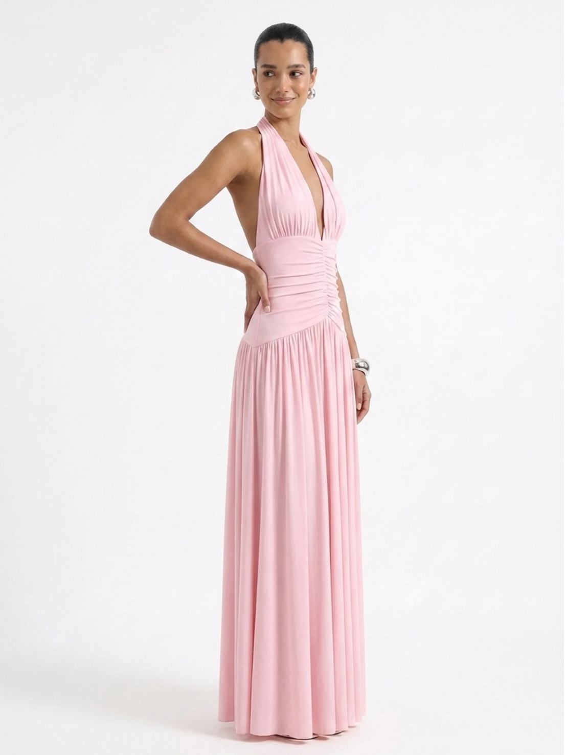MACKENZIE Women's Plunge-Neck Maxi Dress with Gathered Detailing