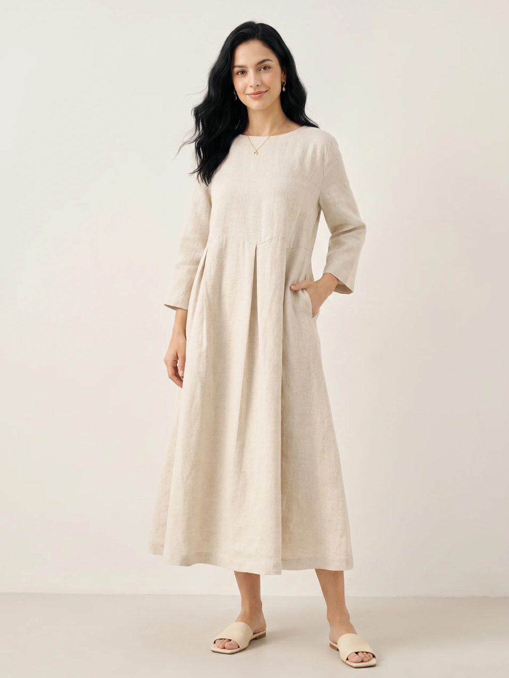 CLEMENTINE Women's Long-Sleeve Linen Pleated Maxi Dress with Pockets