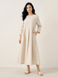 CLEMENTINE Women's Long-Sleeve Linen Pleated Maxi Dress with Pockets
