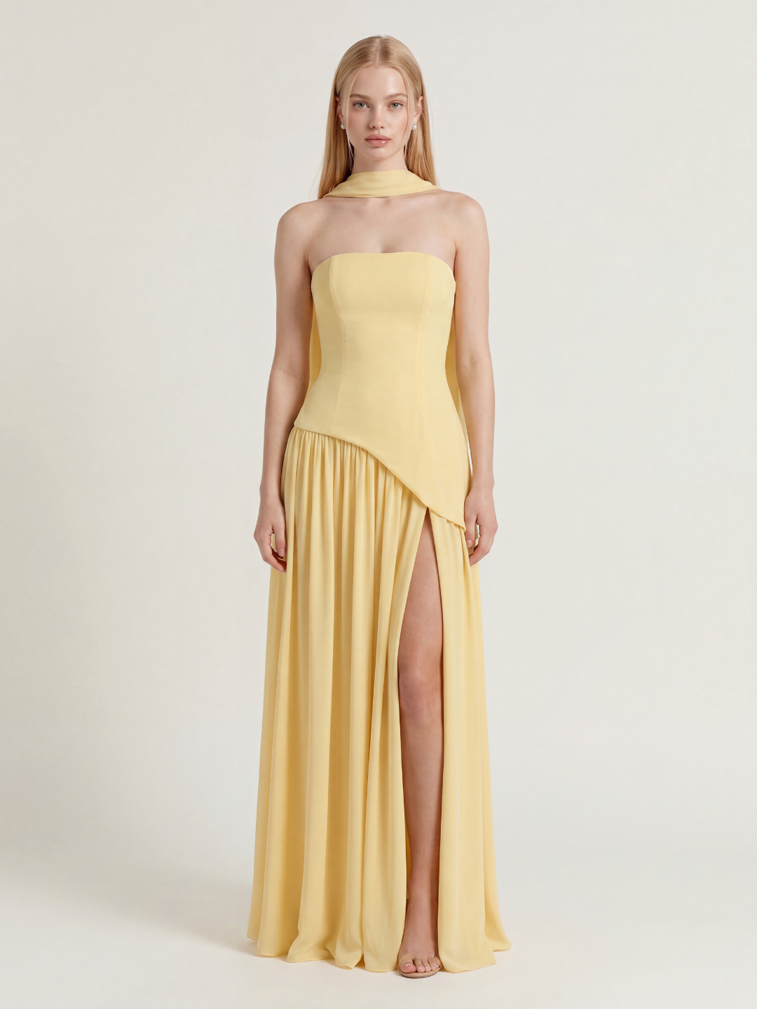 ISADORA Women's Strapless Asymmetric Contrast Maxi Dress with Choker