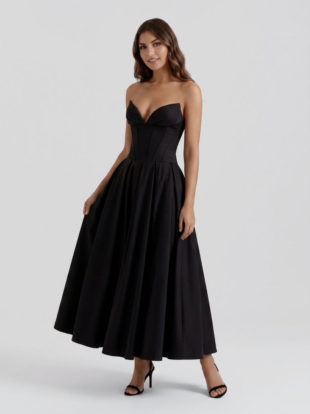 SAVANNAH Women's Strapless Sweetheart Midi Dress with Full Skirt