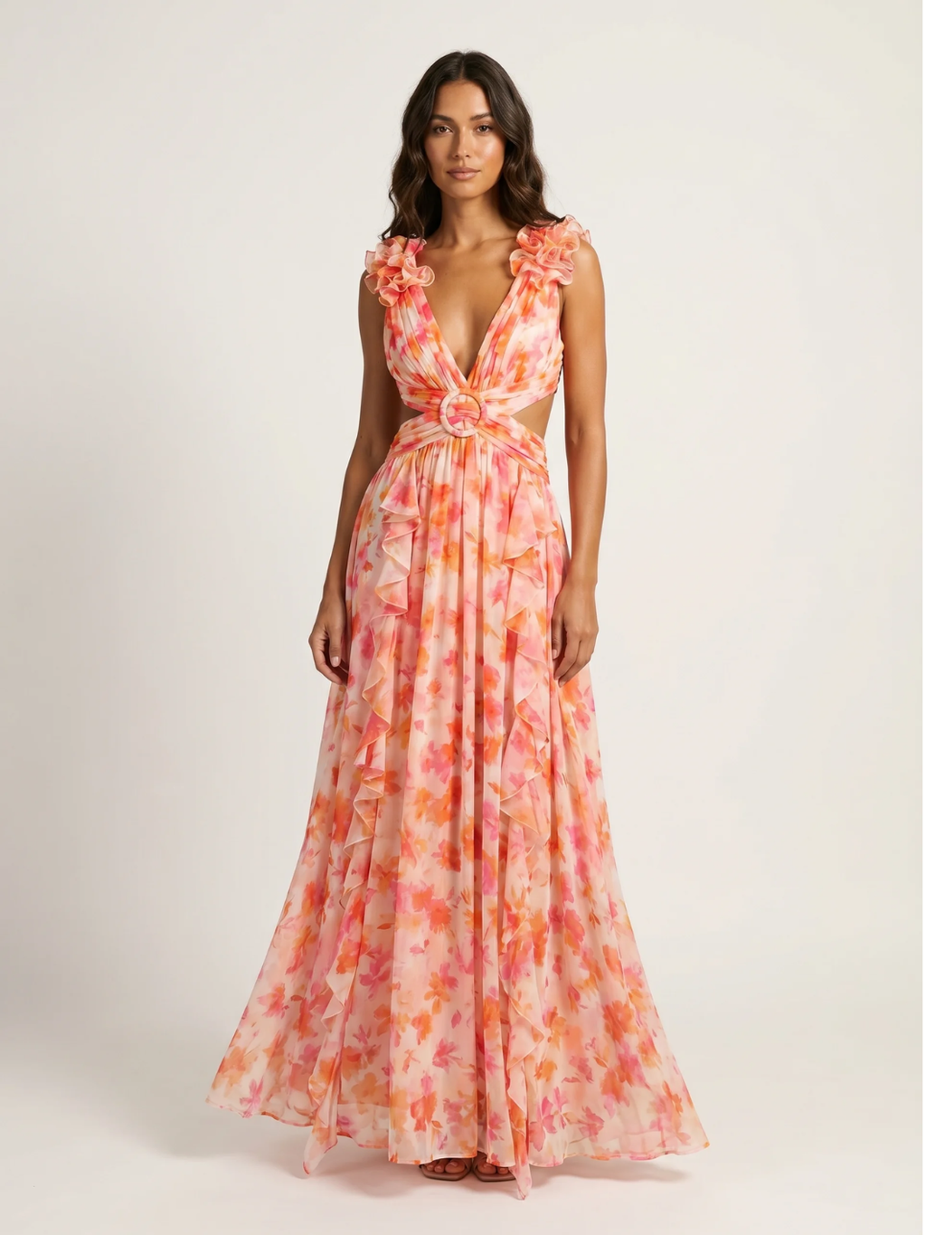 RICA Women's Floral Plunge Cut-Out Chiffon Maxi Dress