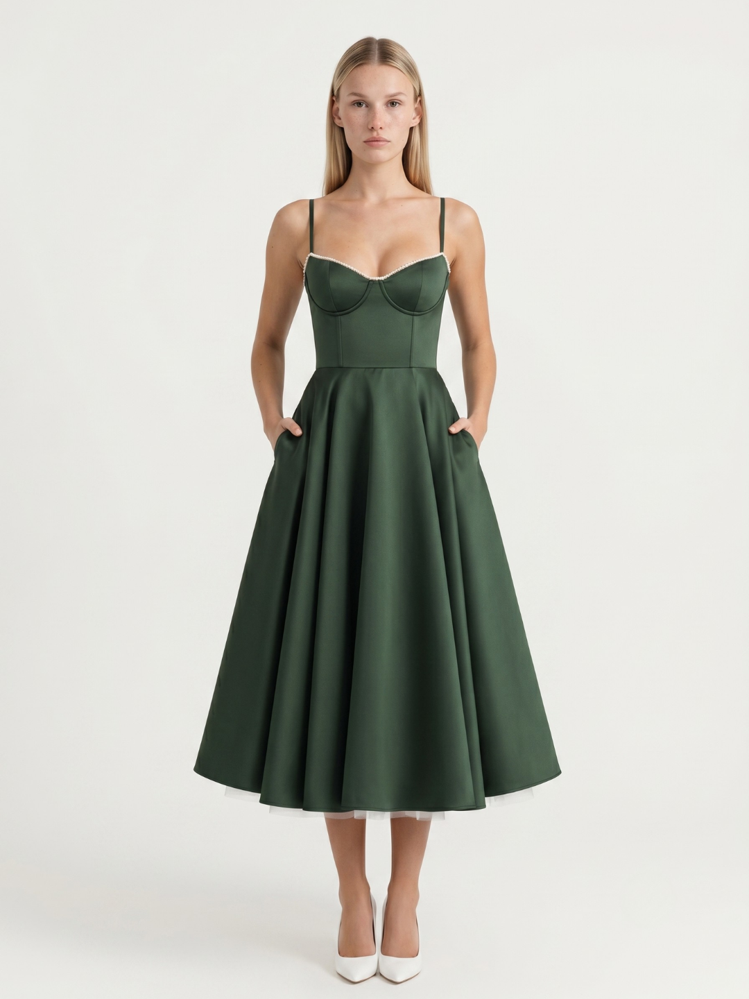 JOSEPHINE Women's Sweetheart Bustier Tulle Midi Dress with Pockets