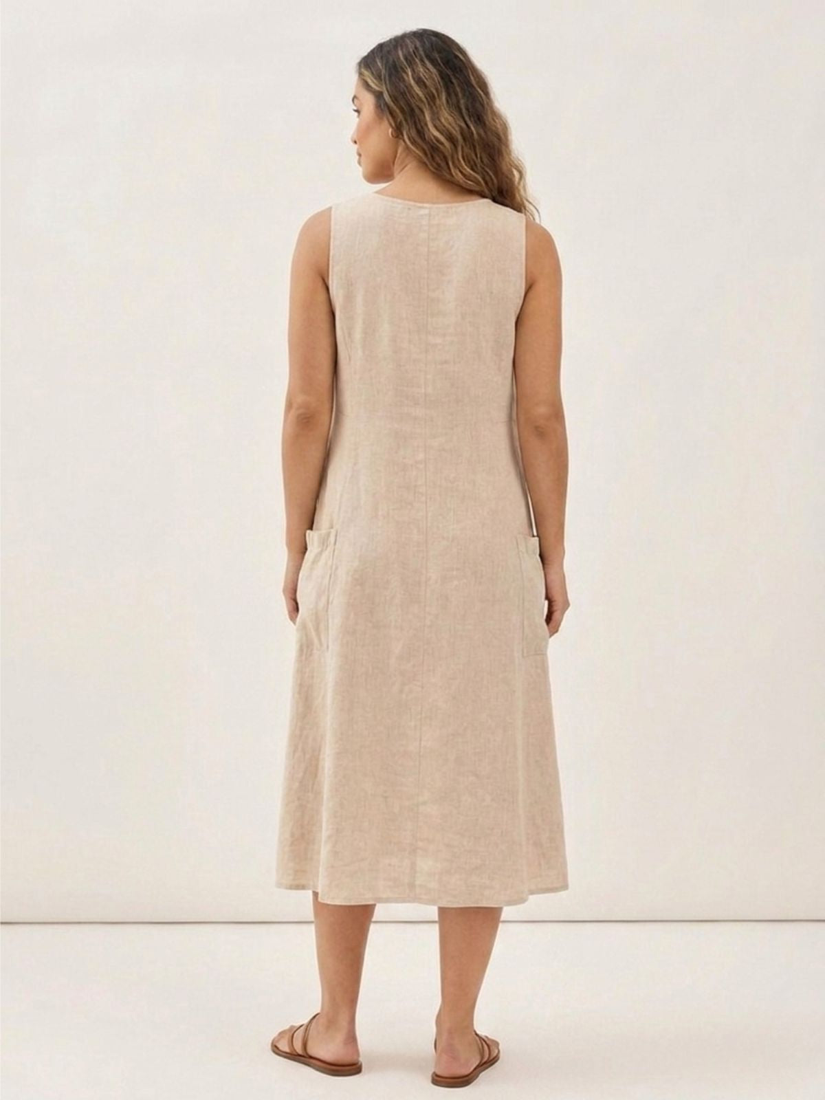 CLAIRE Women's Sleeveless Linen Midi Dress with Pockets