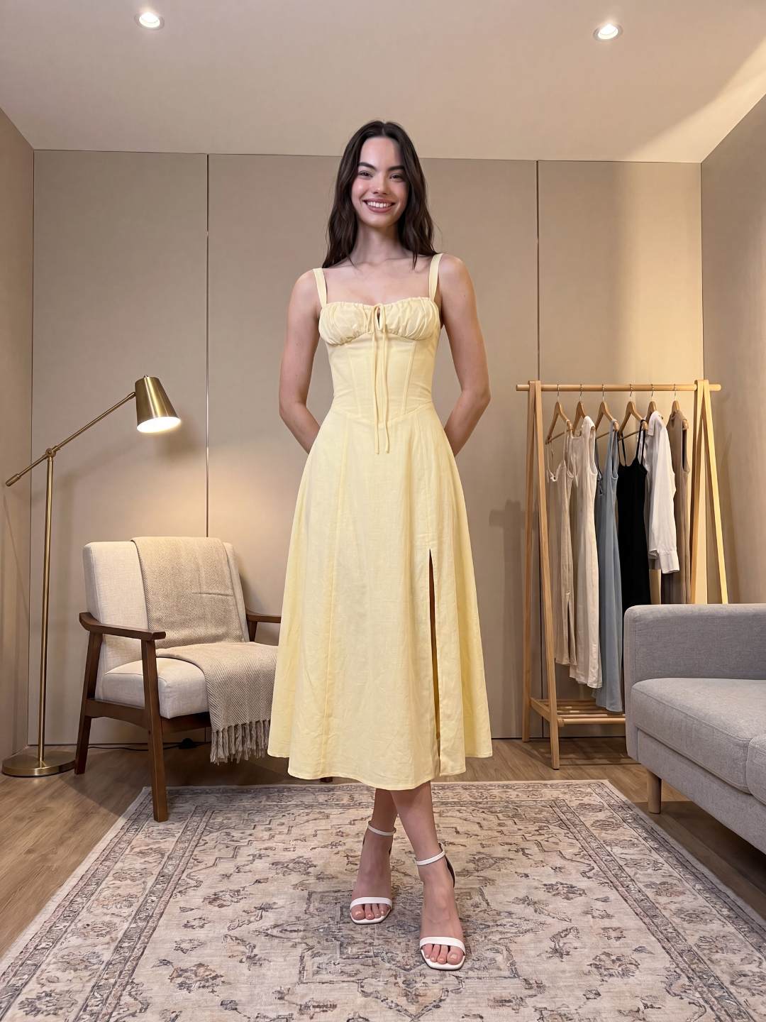 AURORA Women's Corset Cotton Midi Dress with Side Split