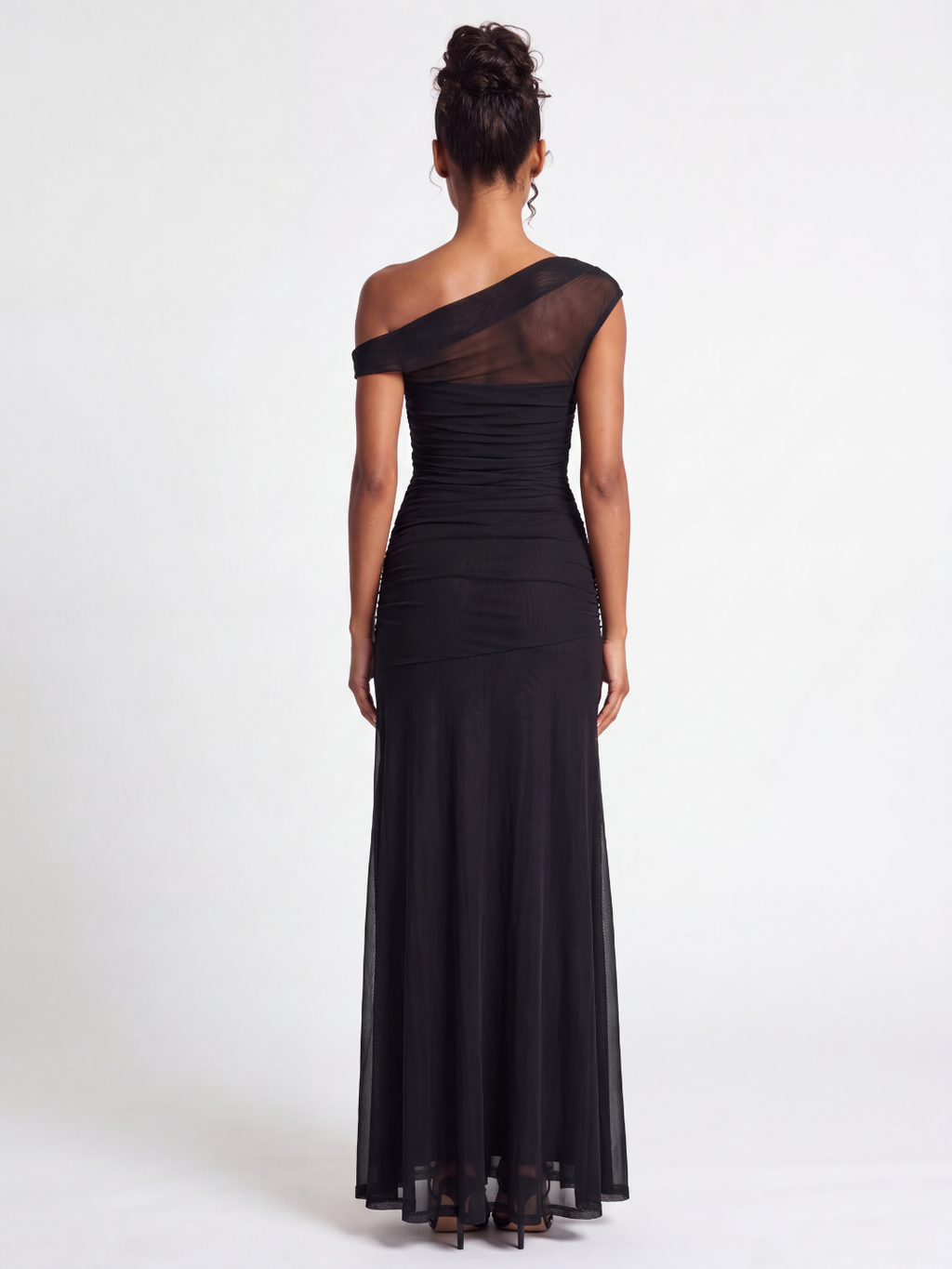 AIKO Women's Asymmetric Off-Shoulder Ruched Mesh Maxi Gown