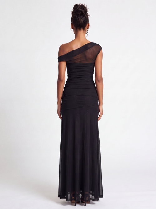 AIKO Women's Asymmetric Off-Shoulder Ruched Mesh Maxi Gown