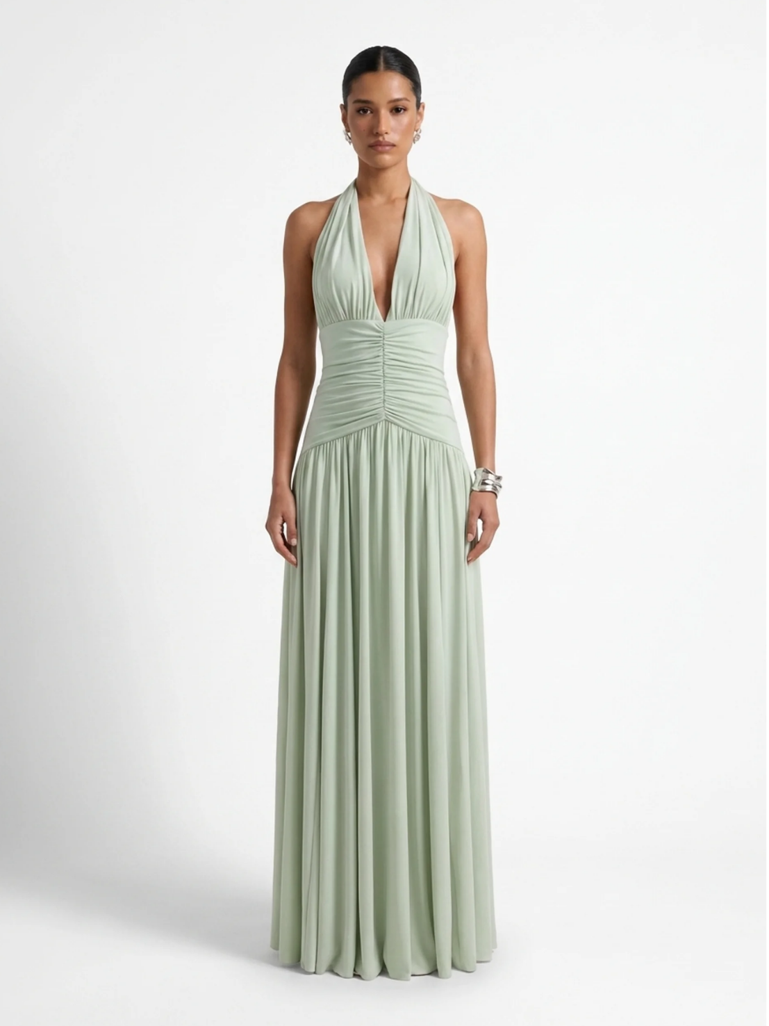 MACKENZIE Women's Plunge-Neck Maxi Dress with Gathered Detailing