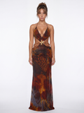 CASSIDY Women's Animal Print Deep Plunge Halterneck Maxi Dress