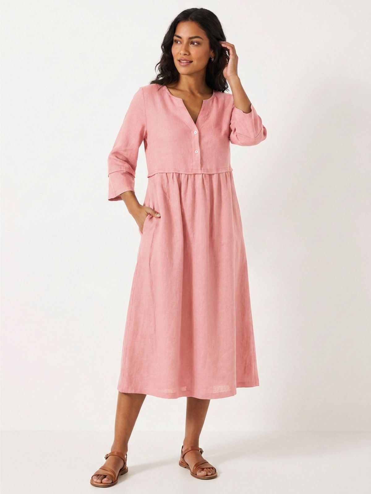 OLIVIA Women's Linen Gathered Midi Dress with Three-Quarter Sleeves