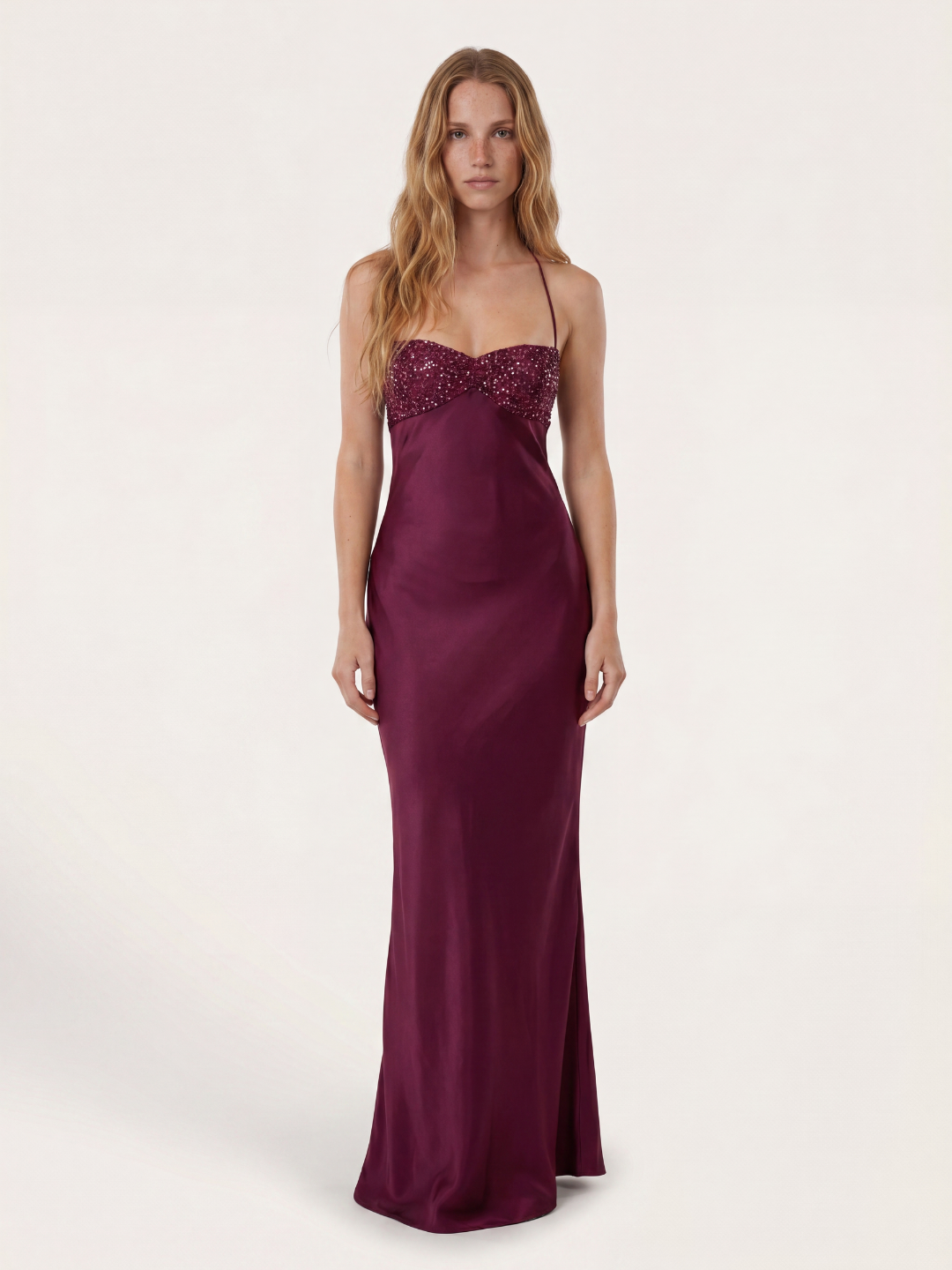 EMBER Women's Sequin Sweetheart Satin Maxi Dress with Lace-Up Back