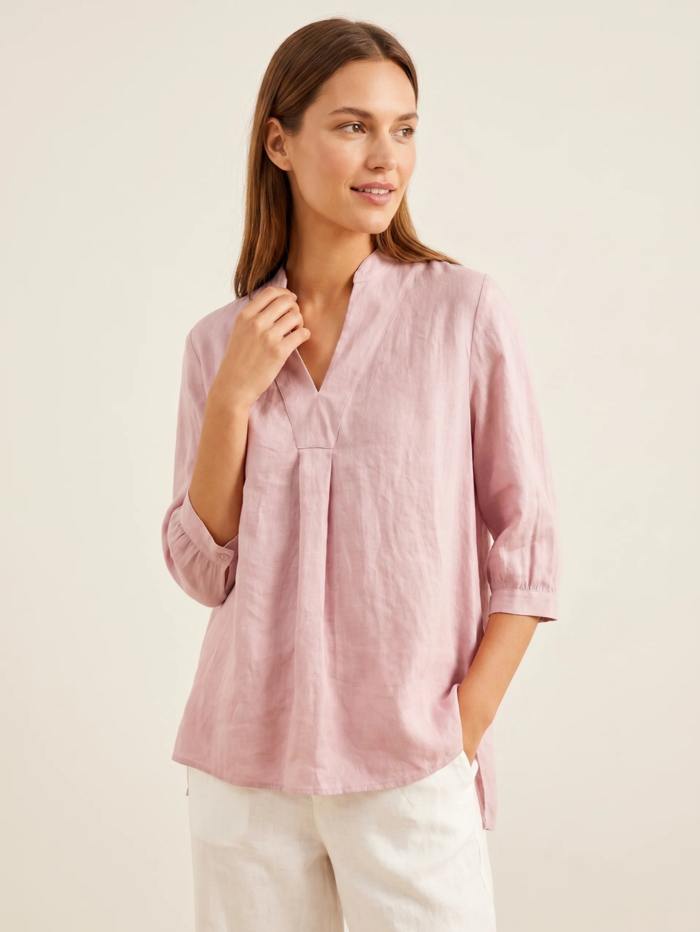 SLOANE Women's Three-Quarter Sleeve Linen Popover Blouse