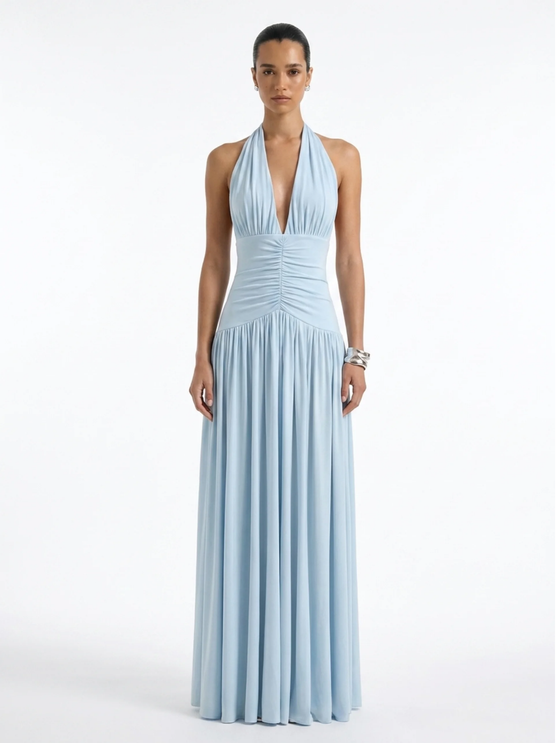 MACKENZIE Women's Plunge-Neck Maxi Dress with Gathered Detailing