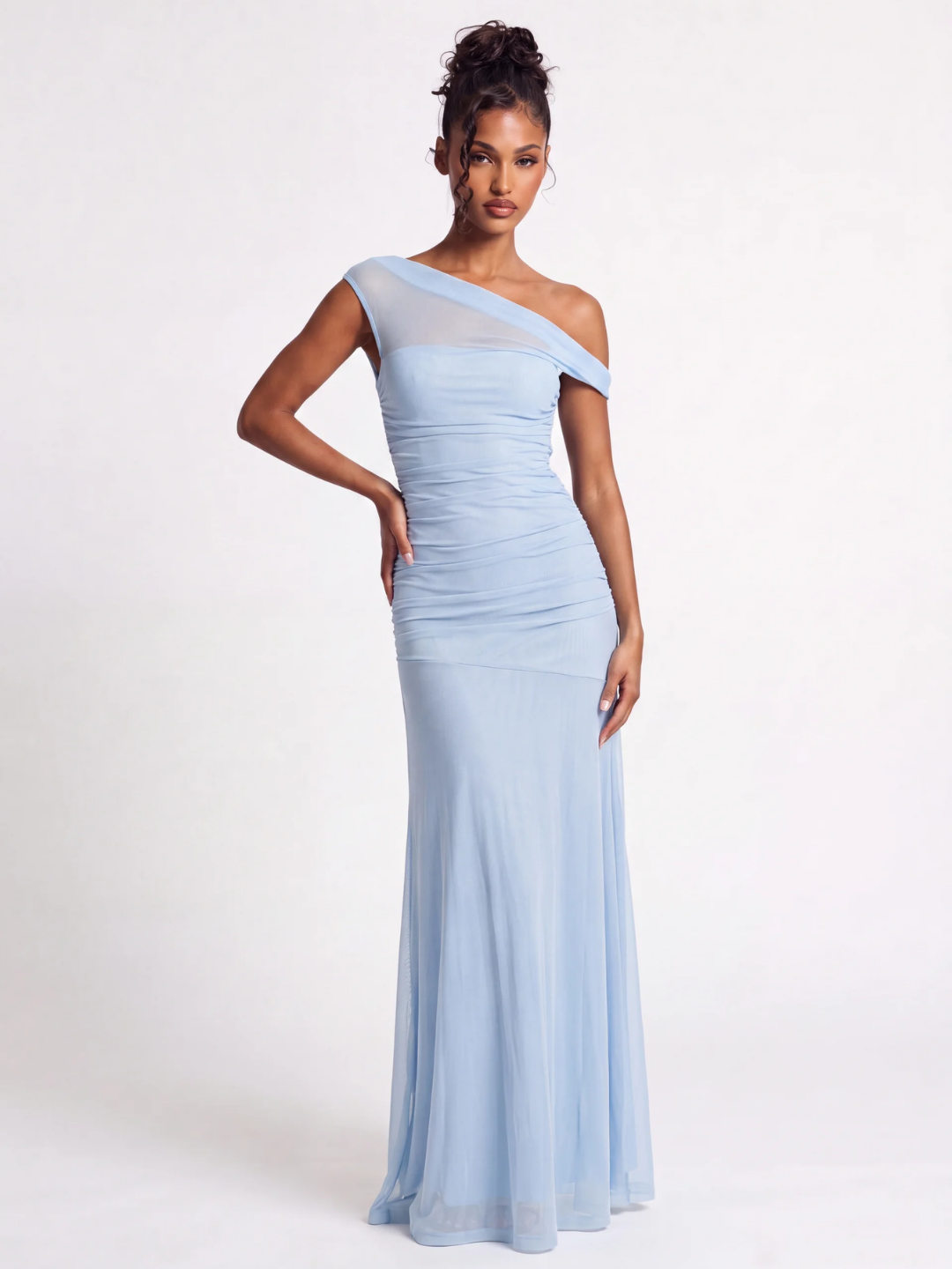 AIKO Women's Asymmetric Off-Shoulder Ruched Mesh Maxi Gown