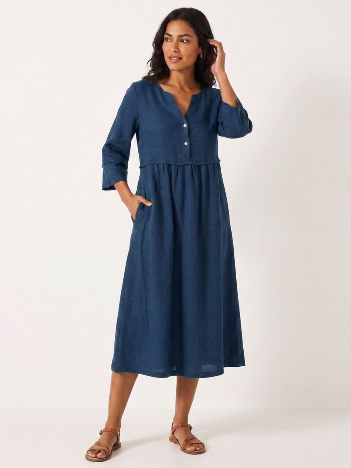 OLIVIA Women's Linen Gathered Midi Dress with Three-Quarter Sleeves