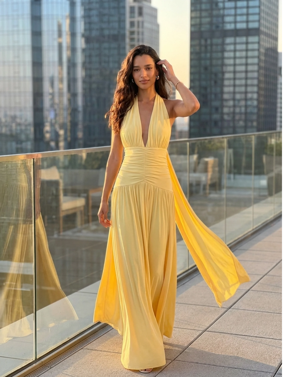 MACKENZIE Women's Plunge-Neck Maxi Dress with Gathered Detailing