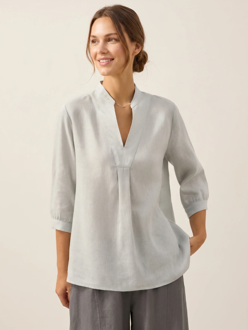 SLOANE Women's Three-Quarter Sleeve Linen Popover Blouse