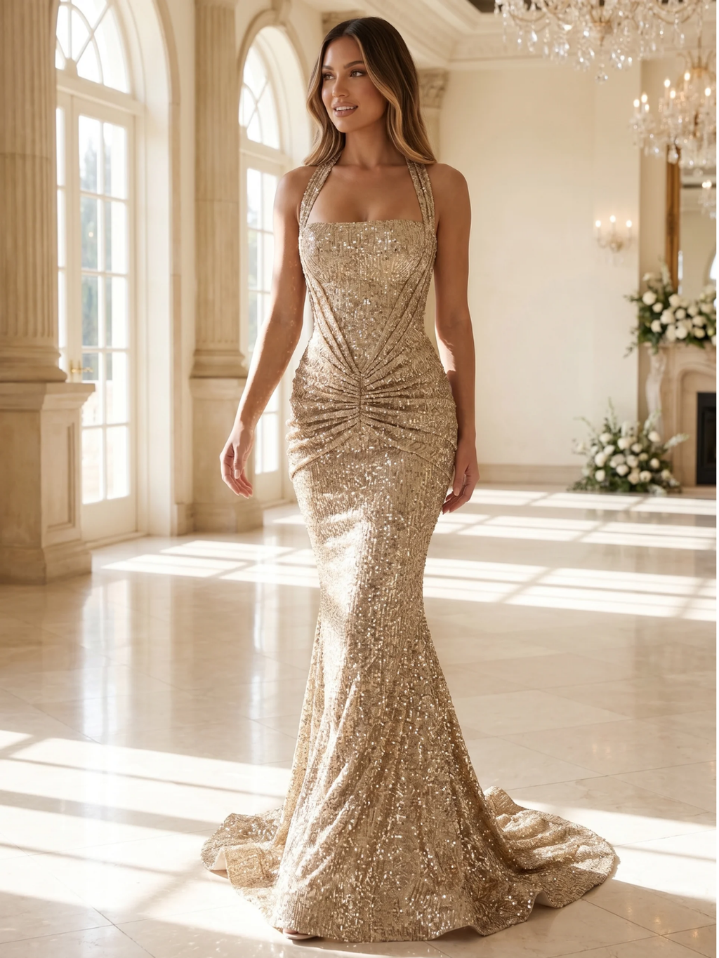 CELESTINE Women's Sequin Corset Halter Mermaid Maxi Gown