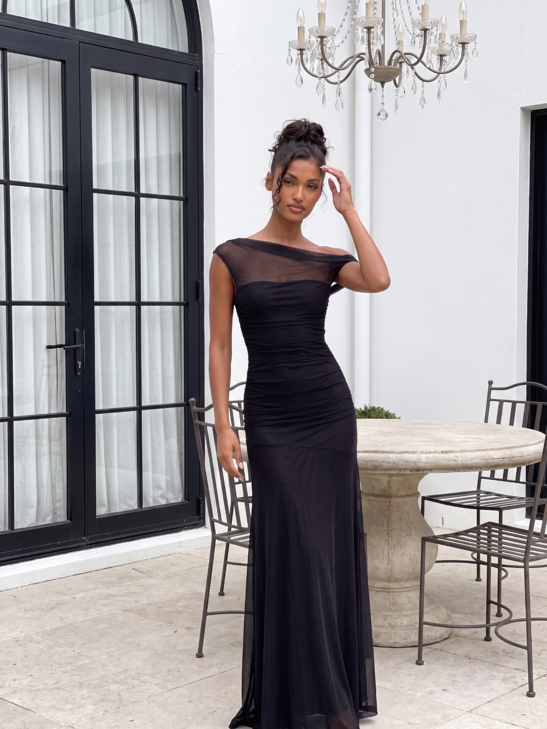 AIKO Women's Asymmetric Off-Shoulder Ruched Mesh Maxi Gown
