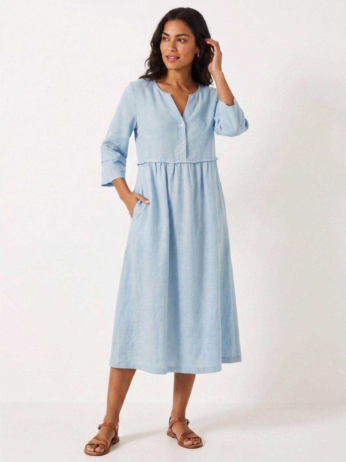 OLIVIA Women's Linen Gathered Midi Dress with Three-Quarter Sleeves