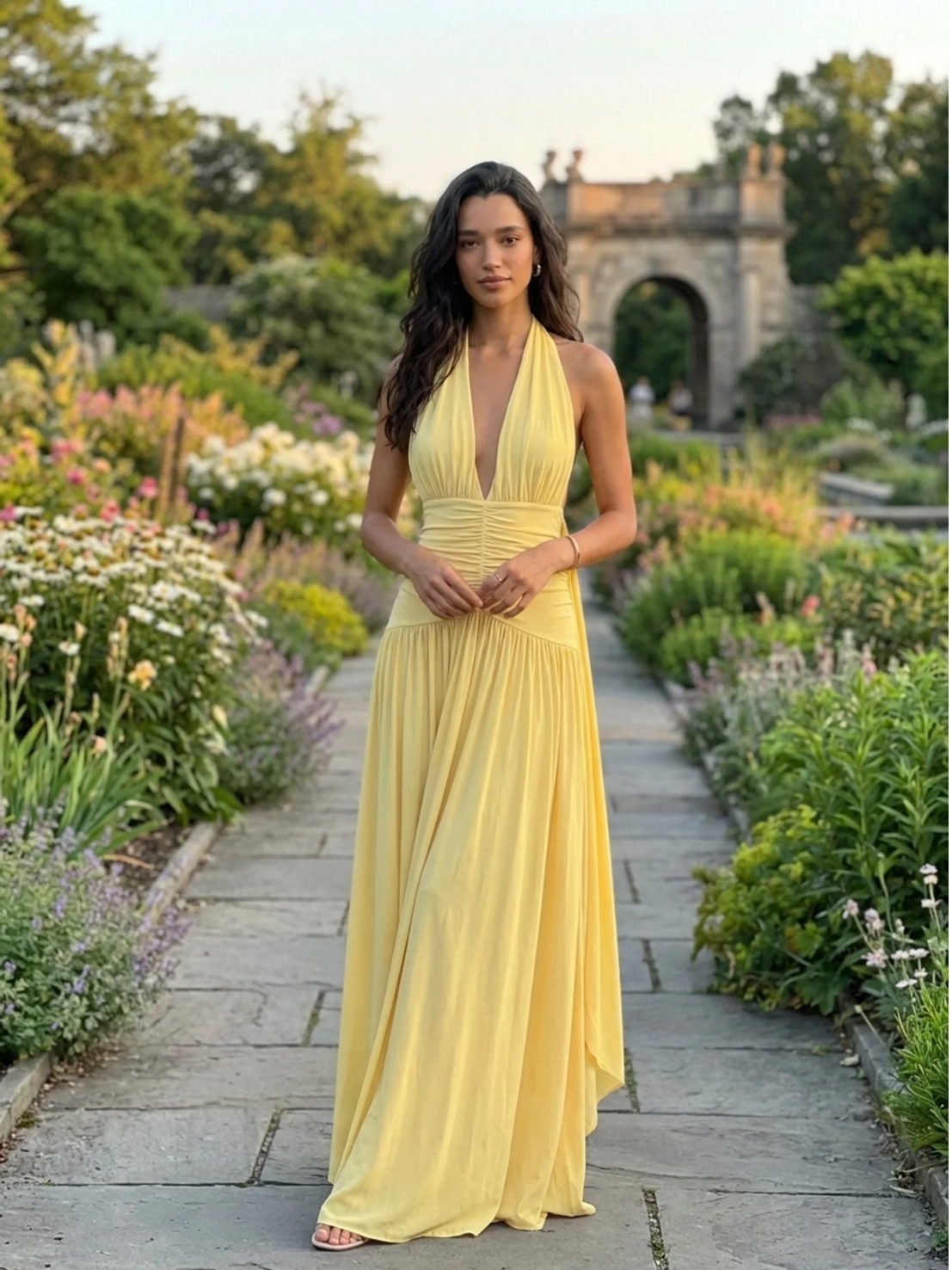 MACKENZIE Women's Plunge-Neck Maxi Dress with Gathered Detailing