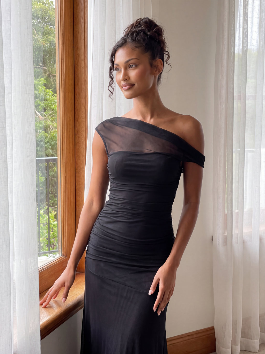 AIKO Women's Asymmetric Off-Shoulder Ruched Mesh Maxi Gown