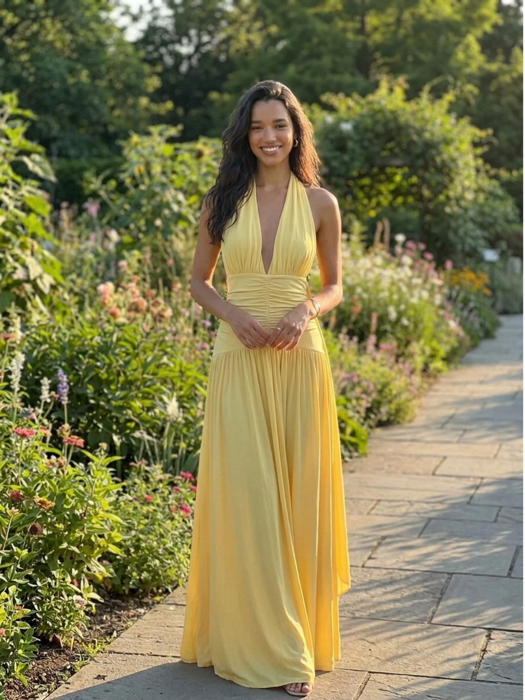 MACKENZIE Women's Plunge-Neck Maxi Dress with Gathered Detailing