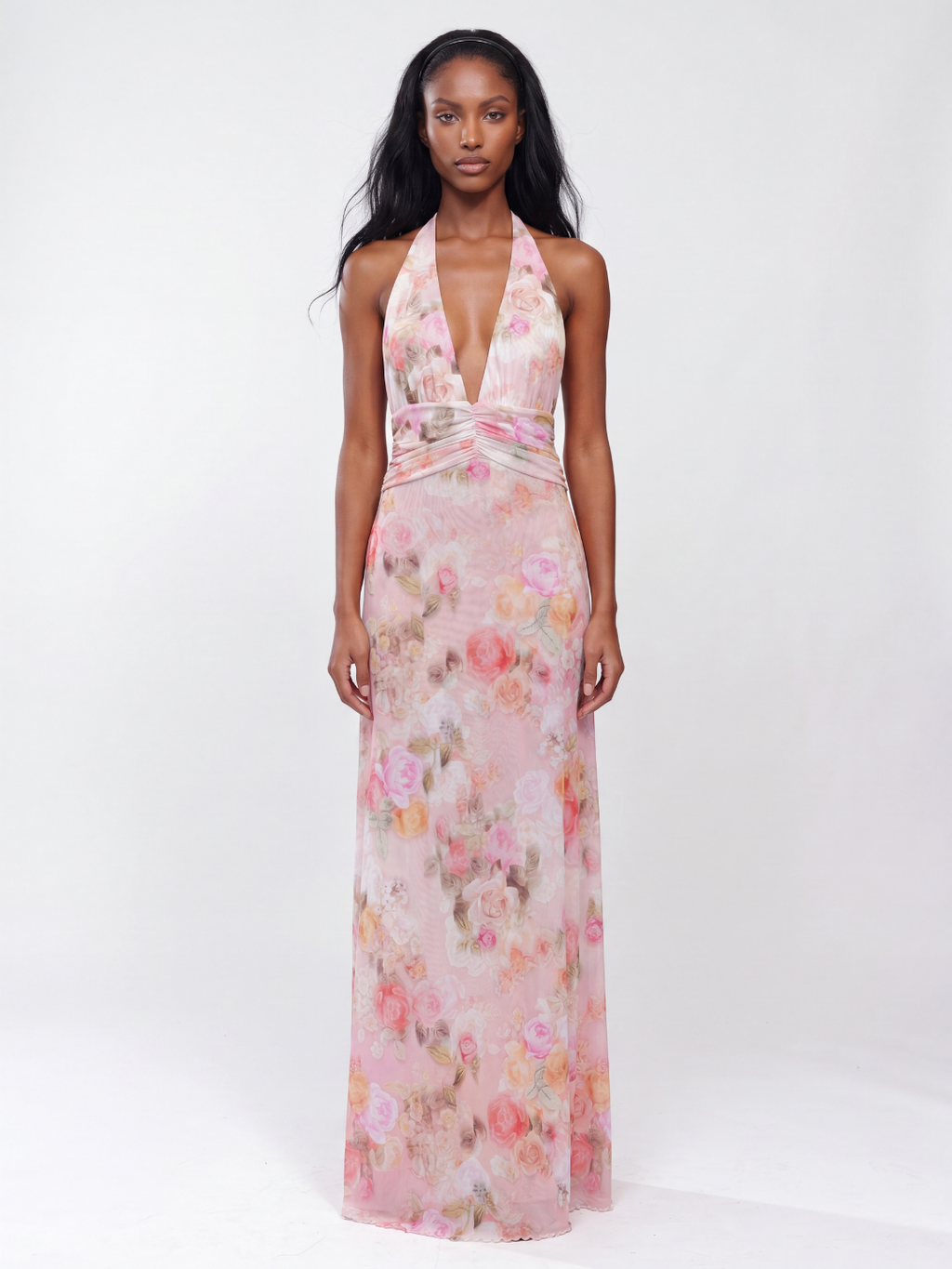 BEATRIX Women's Floral Deep V-Neck Halter Maxi Dress