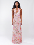BEATRIX Women's Floral Deep V-Neck Halter Maxi Dress
