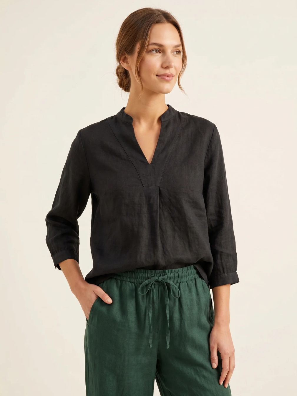SLOANE Women's Three-Quarter Sleeve Linen Popover Blouse