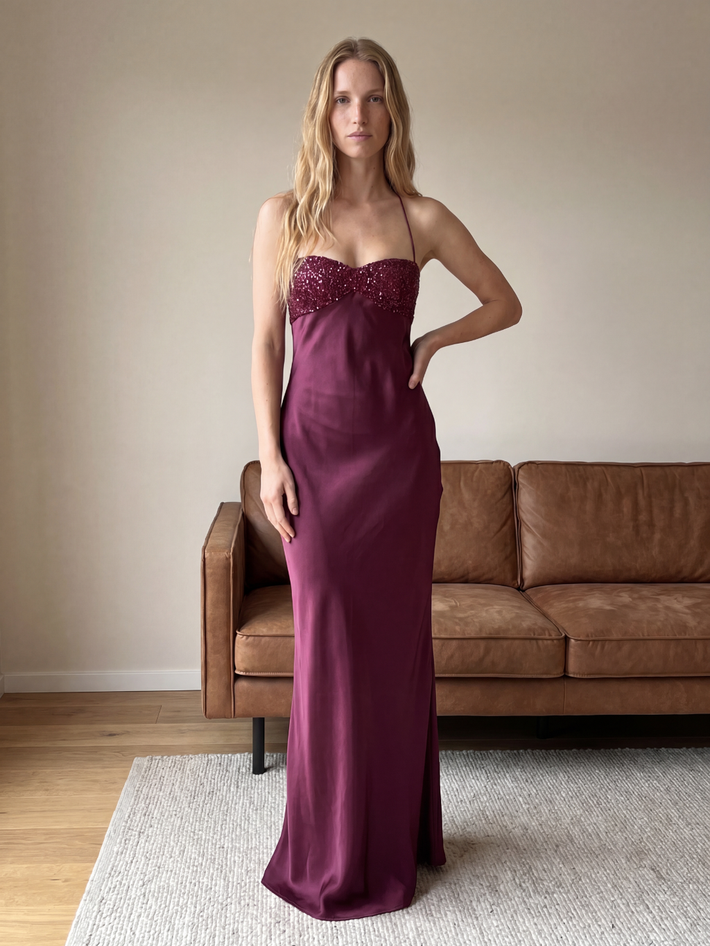 EMBER Women's Sequin Sweetheart Satin Maxi Dress with Lace-Up Back