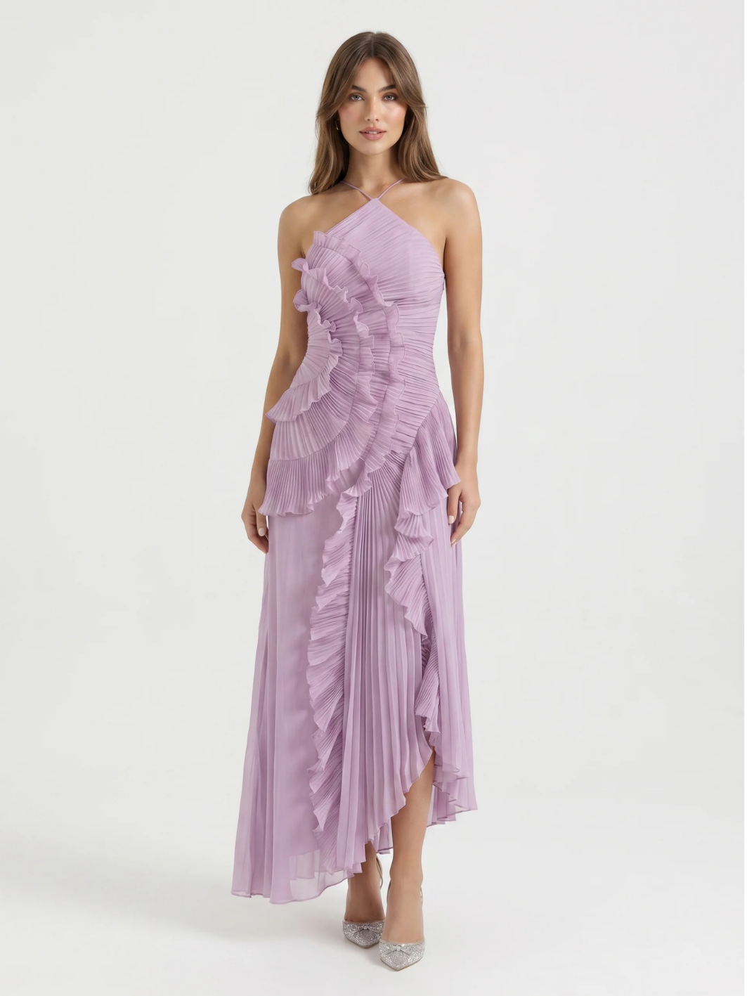 OPHELIA Women's Pleated Asymmetric Ruffle Maxi Dress