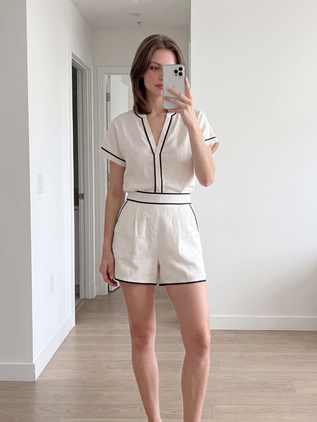 CARMELA Women's Contrast Trim Cotton-Linen Top & Shorts Set