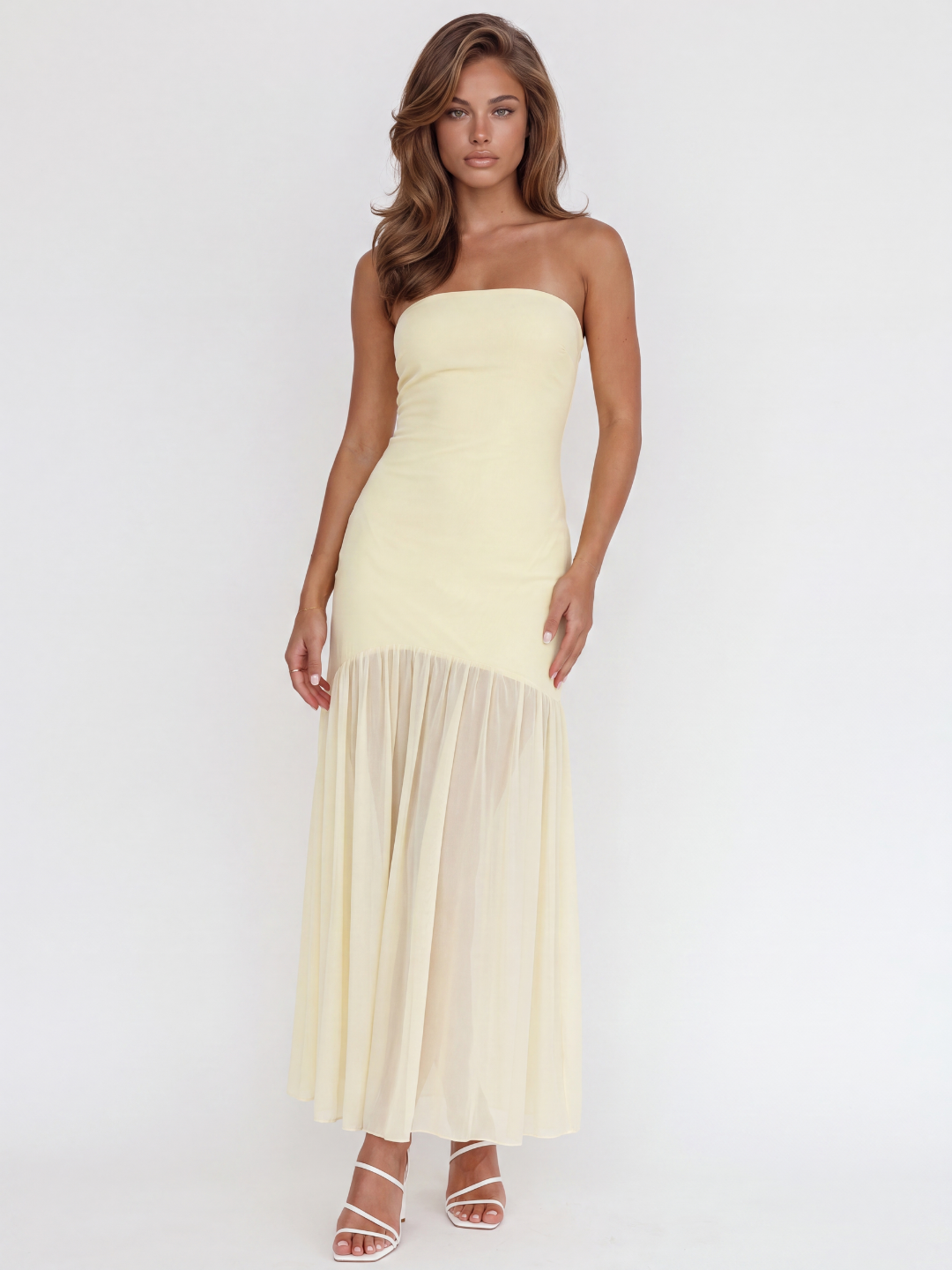 PRIYA Women's Strapless Sheer-Hem Drop-Waist Midi Dress