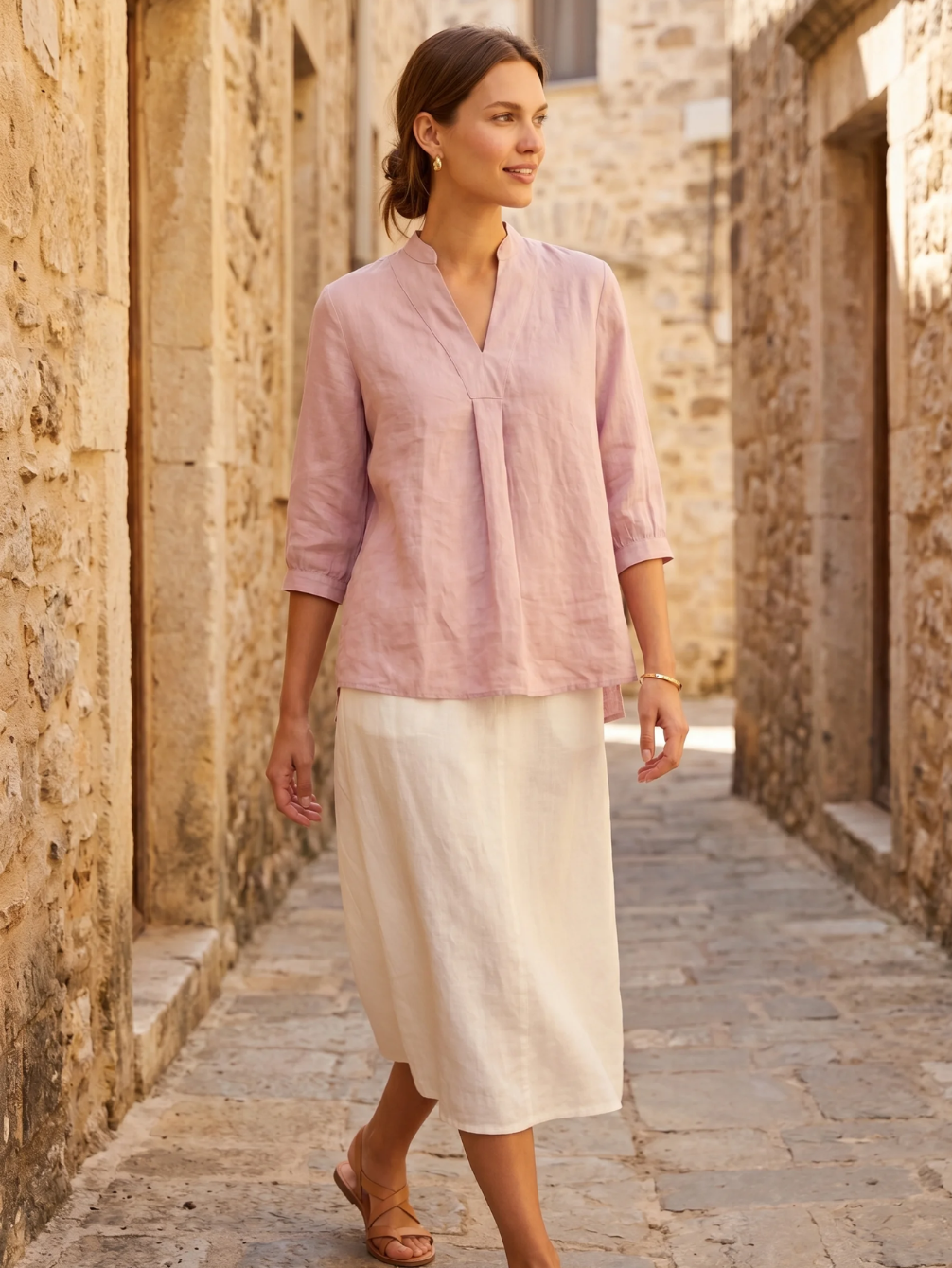 SLOANE Women's Three-Quarter Sleeve Linen Popover Blouse