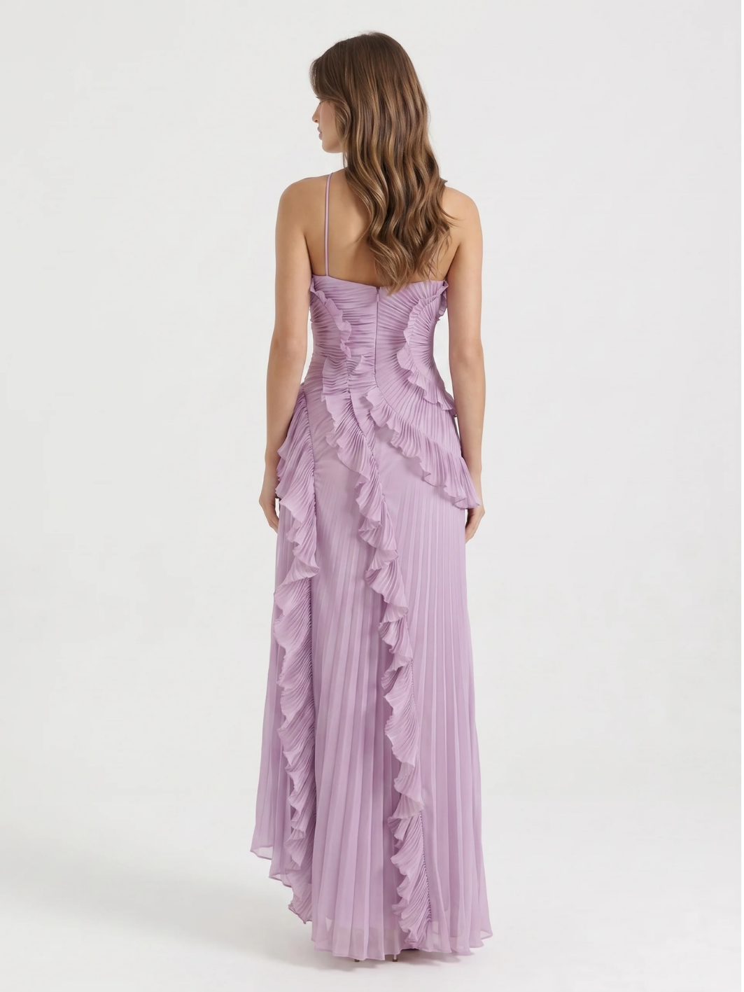 OPHELIA Women's Pleated Asymmetric Ruffle Maxi Dress