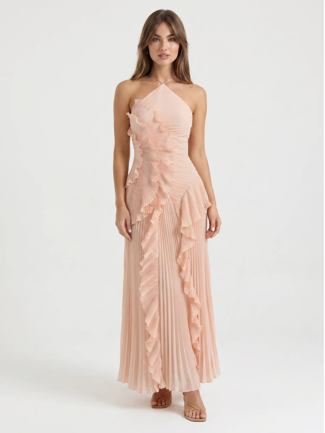 OPHELIA Women's Pleated Asymmetric Ruffle Maxi Dress