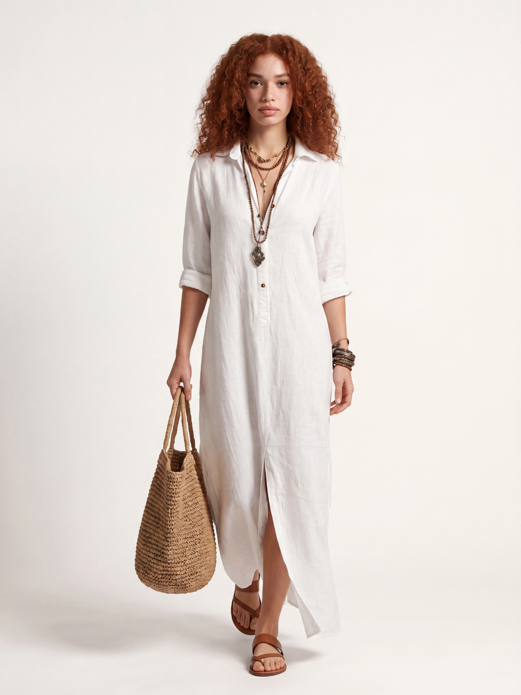 DELILAH Women's Long-Sleeve Linen Maxi Shirt Dress with Side Slits