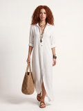 DELILAH Women's Long-Sleeve Linen Maxi Shirt Dress with Side Slits