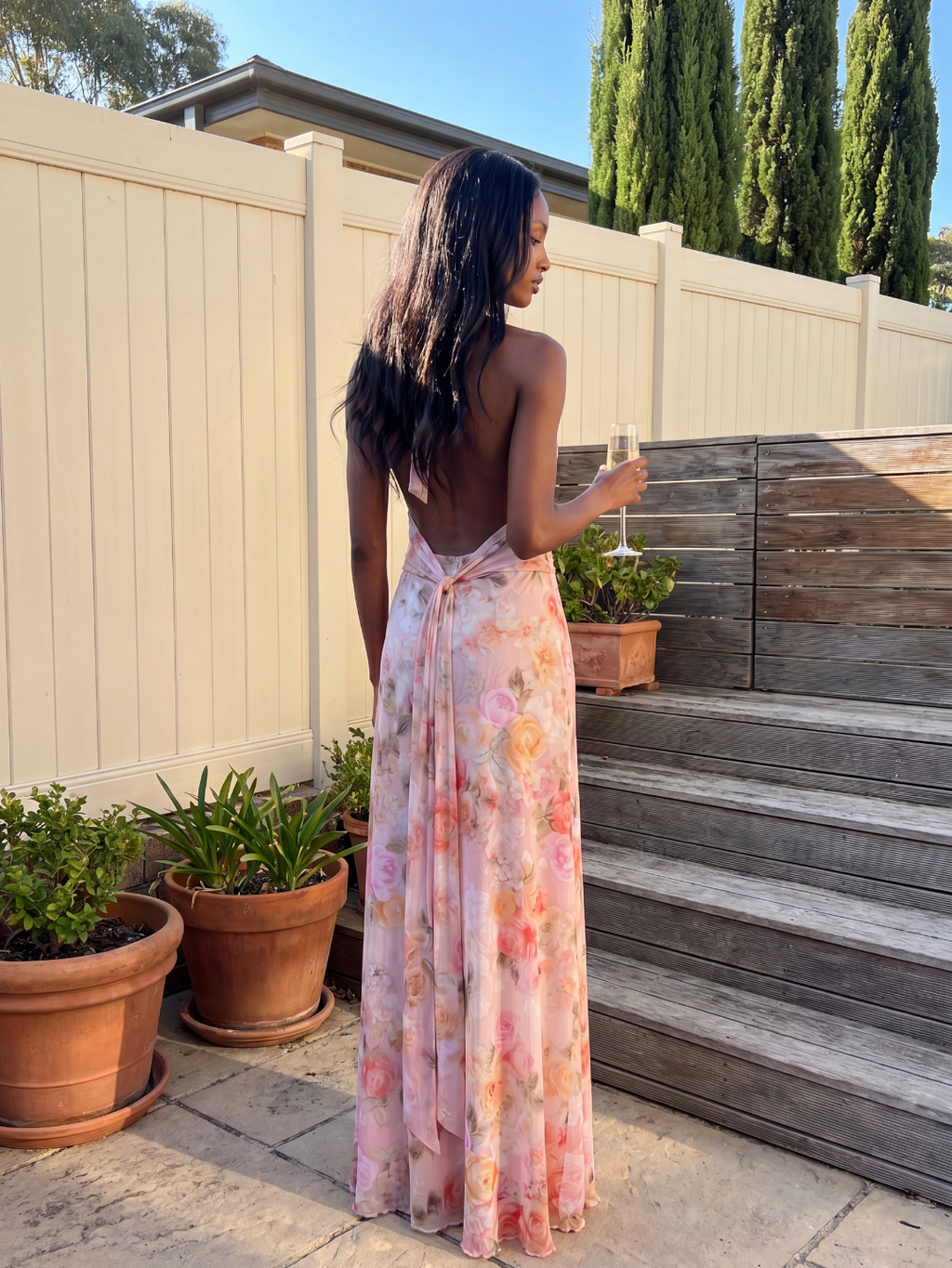 BEATRIX Women's Floral Deep V-Neck Halter Maxi Dress