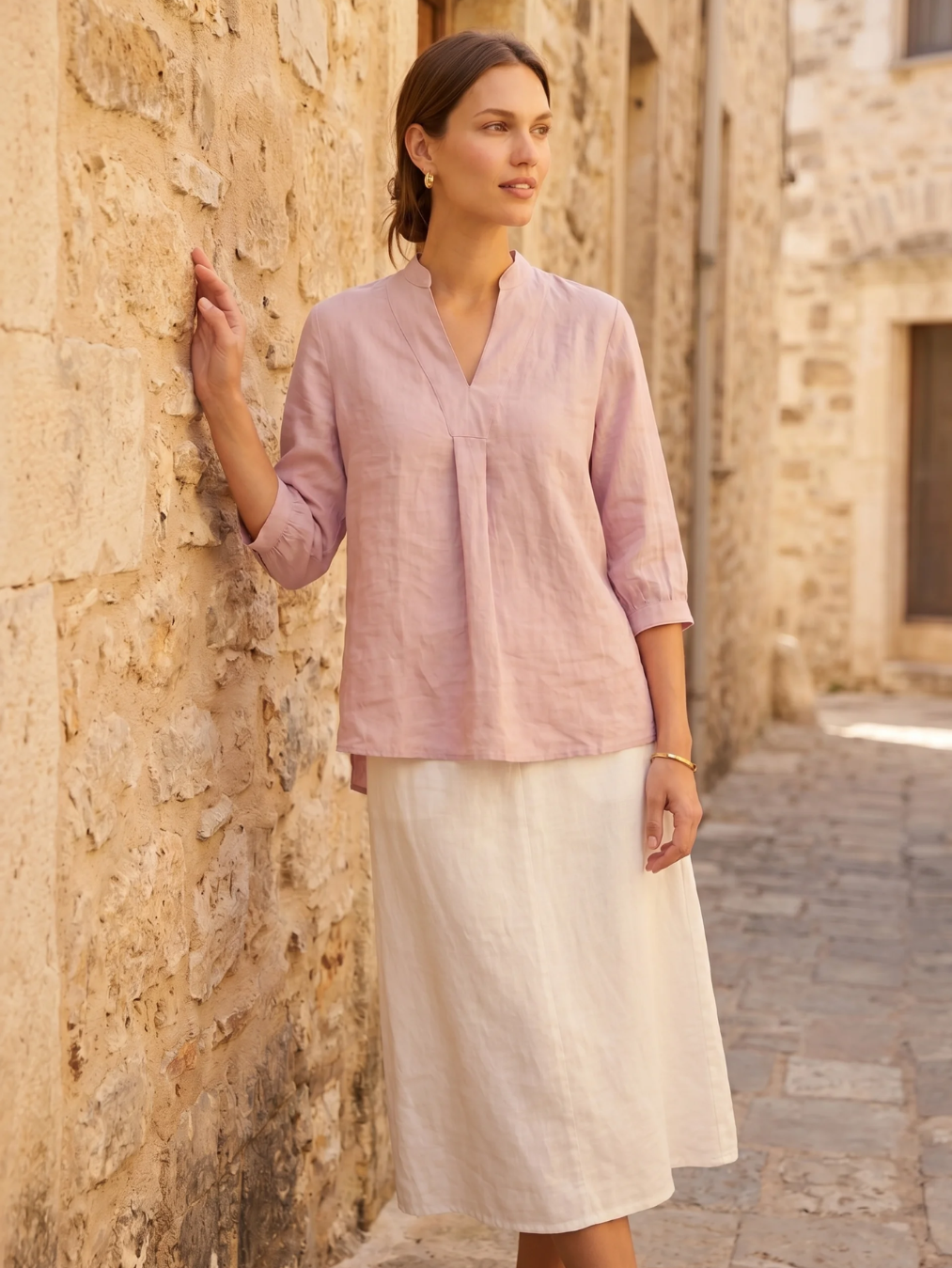 SLOANE Women's Three-Quarter Sleeve Linen Popover Blouse