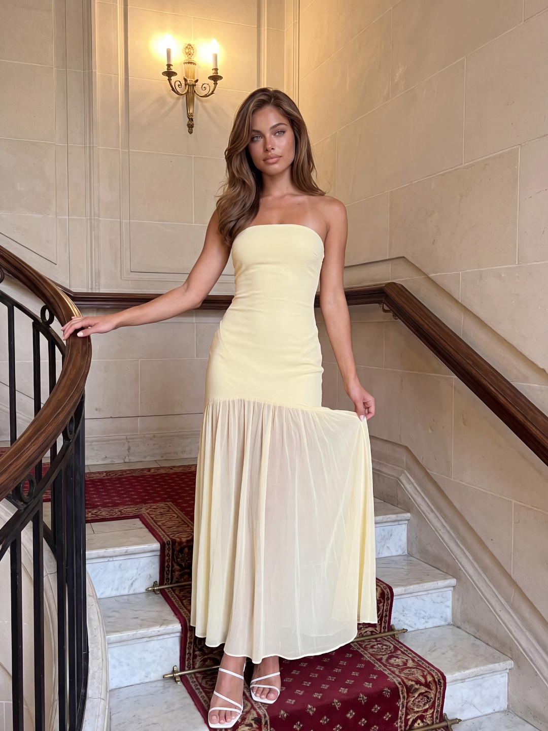 PRIYA Women's Strapless Sheer-Hem Drop-Waist Midi Dress