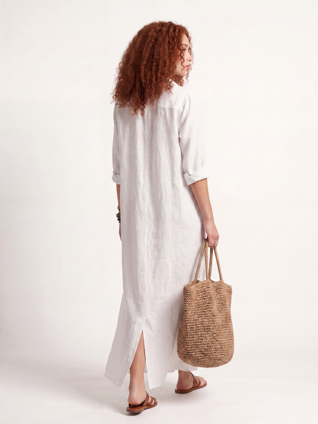 DELILAH Women's Long-Sleeve Linen Maxi Shirt Dress with Side Slits