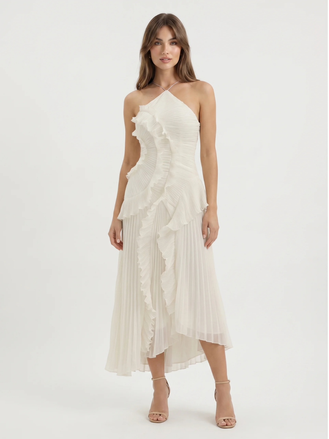 OPHELIA Women's Pleated Asymmetric Ruffle Maxi Dress