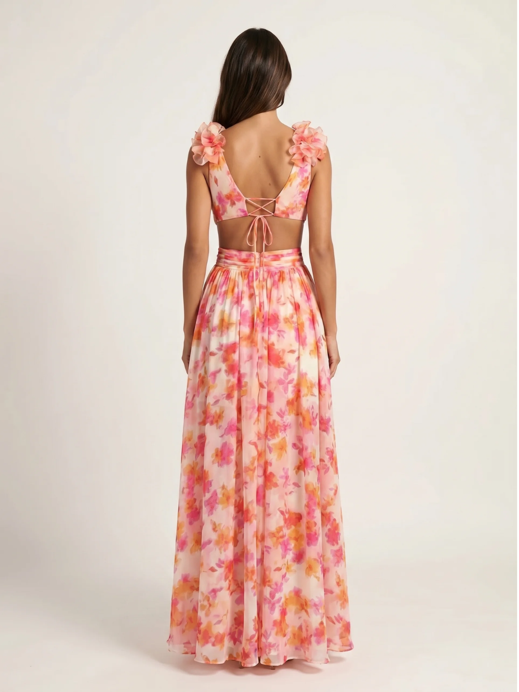 RICA Women's Floral Plunge Cut-Out Chiffon Maxi Dress