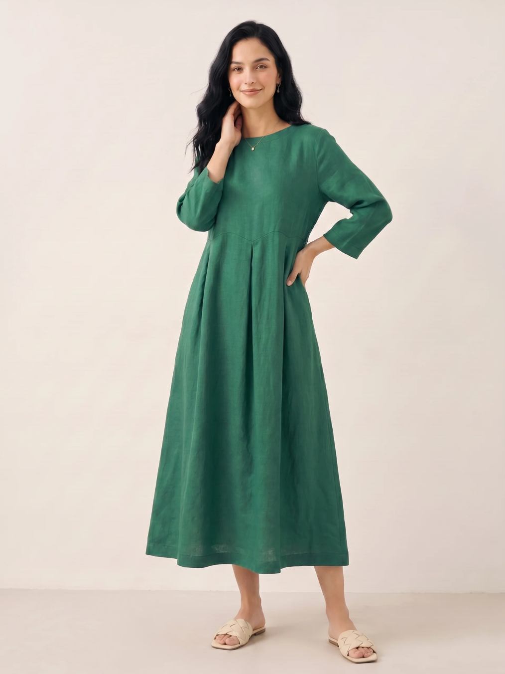 CLEMENTINE Women's Long-Sleeve Linen Pleated Maxi Dress with Pockets
